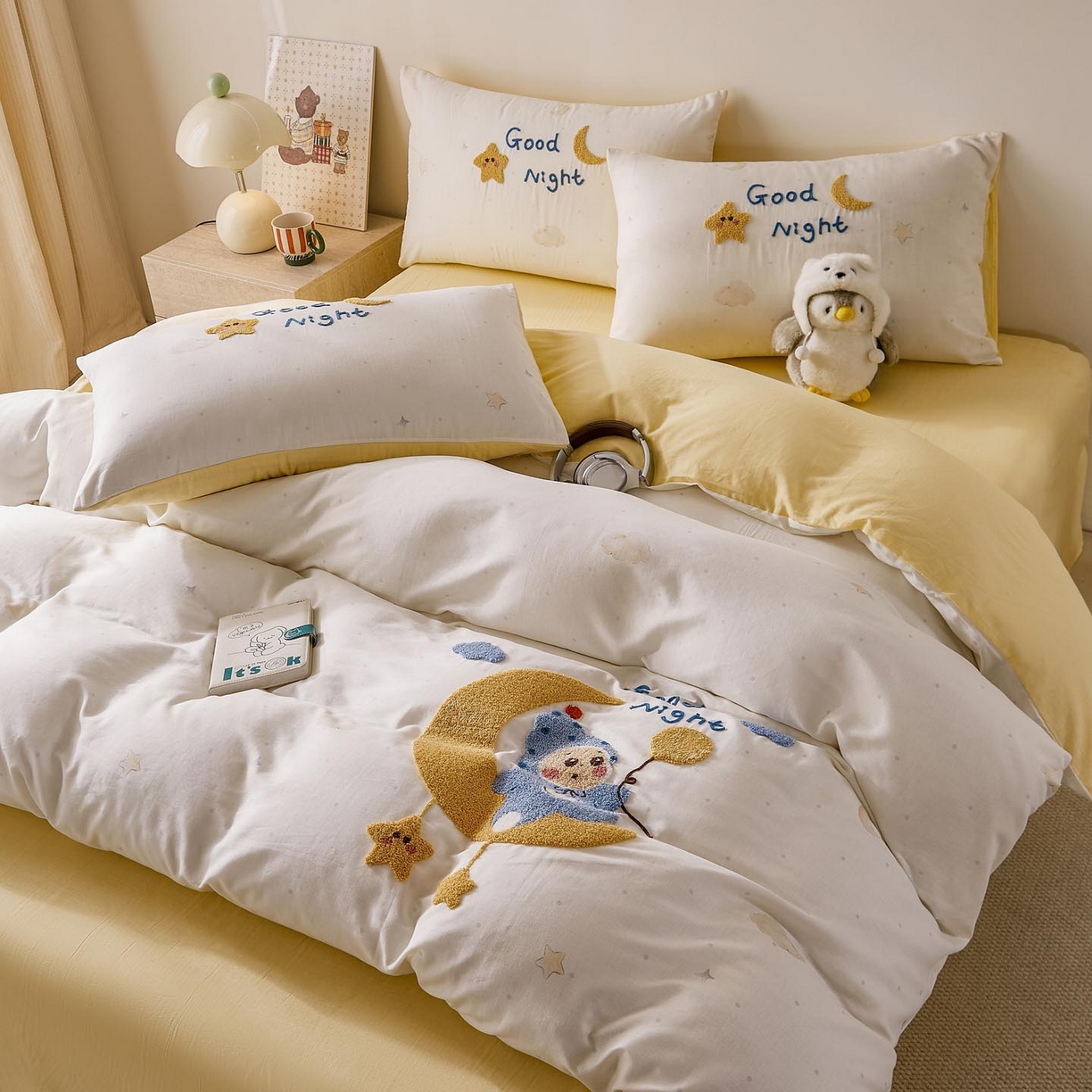 91家纺网 家纺一手货源 找家纺 麦田家纺 2026新款A类全棉双层纱毛巾绣四件套 星月宝贝