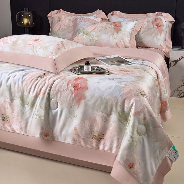 91家纺网 家纺一手货源 找家纺 赛丽雅 2026新款拼角轻奢冰丝凉感夏被四件套 悸动