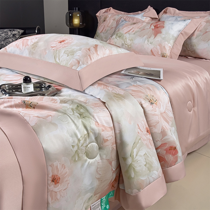 91家纺网 家纺一手货源 找家纺 赛丽雅 2026新款拼角轻奢冰丝凉感夏被四件套 悸动