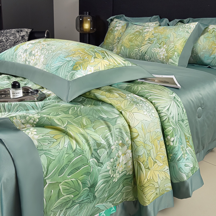 91家纺网 家纺一手货源 找家纺 赛丽雅 2026新款拼角轻奢冰丝凉感夏被四件套 热带雨林