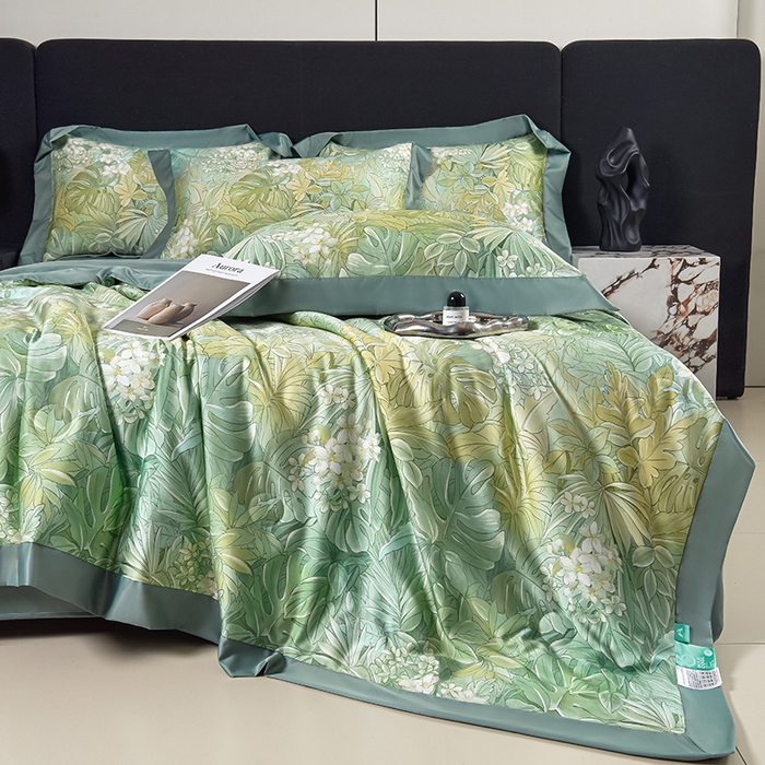 91家纺网 家纺一手货源 找家纺 赛丽雅 2026新款拼角轻奢冰丝凉感夏被四件套 热带雨林