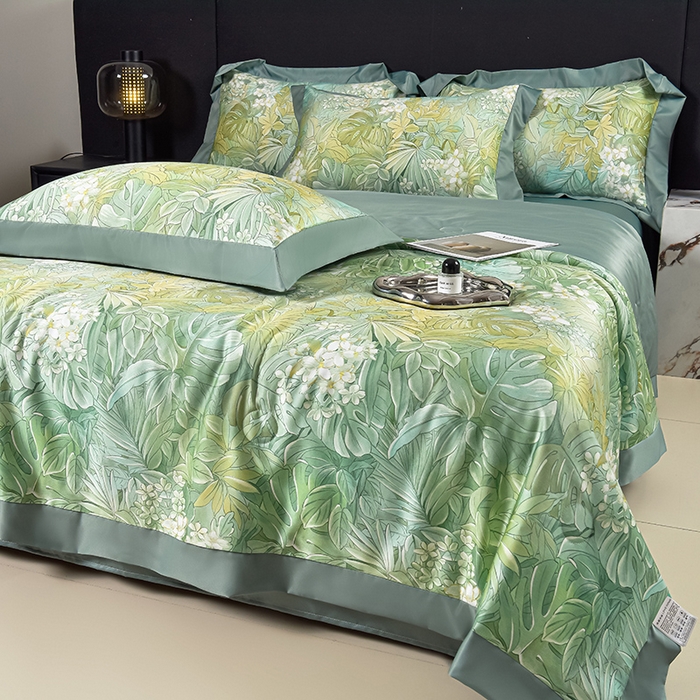 91家纺网 家纺一手货源 找家纺 赛丽雅 2026新款拼角轻奢冰丝凉感夏被四件套 热带雨林