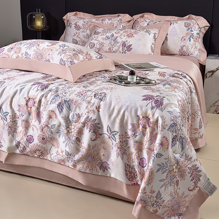 91家纺网 家纺一手货源 找家纺 赛丽雅 2026新款拼角轻奢冰丝凉感夏被四件套 赛雅-粉