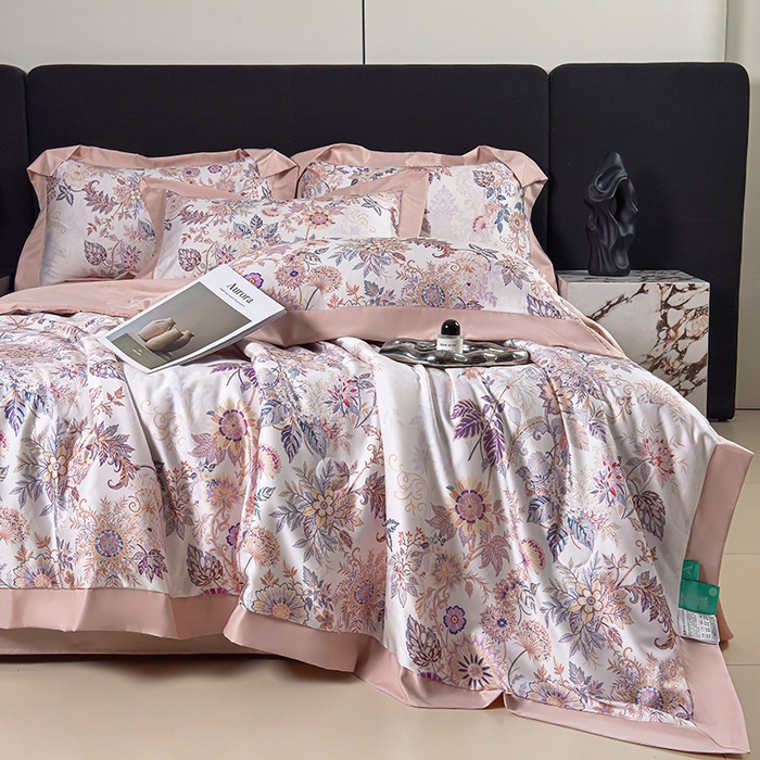 91家纺网 家纺一手货源 找家纺 赛丽雅 2026新款拼角轻奢冰丝凉感夏被四件套 赛雅-粉