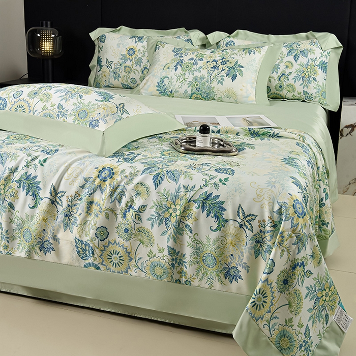 91家纺网 家纺一手货源 找家纺 赛丽雅 2026新款拼角轻奢冰丝凉感夏被四件套 赛雅-绿