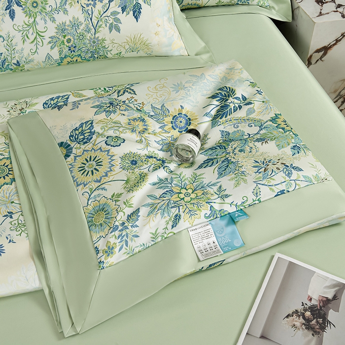 91家纺网 家纺一手货源 找家纺 赛丽雅 2026新款拼角轻奢冰丝凉感夏被四件套 赛雅-绿