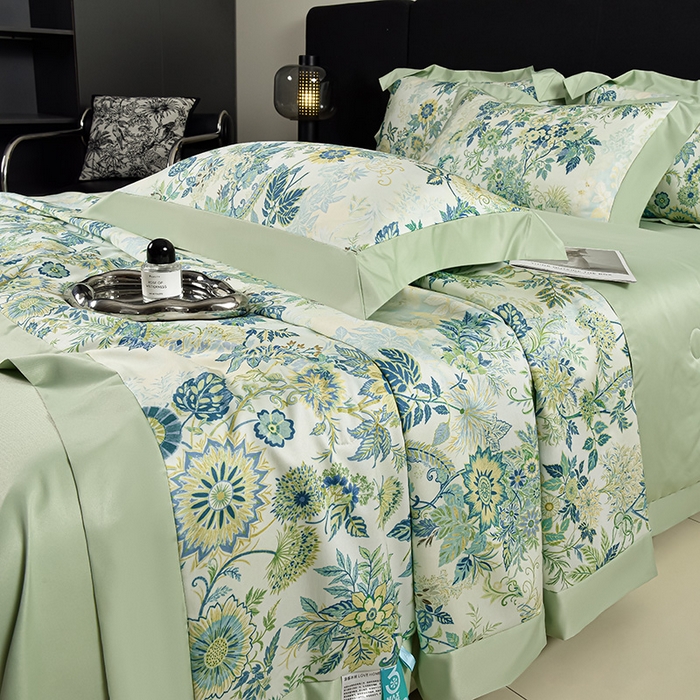 91家纺网 家纺一手货源 找家纺 赛丽雅 2026新款拼角轻奢冰丝凉感夏被四件套 赛雅-绿