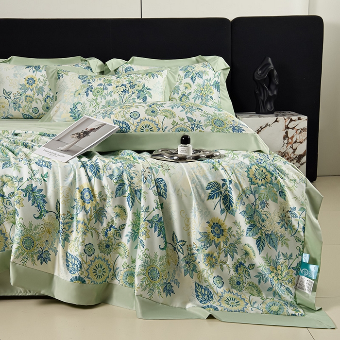 91家纺网 家纺一手货源 找家纺 赛丽雅 2026新款拼角轻奢冰丝凉感夏被四件套 赛雅-绿