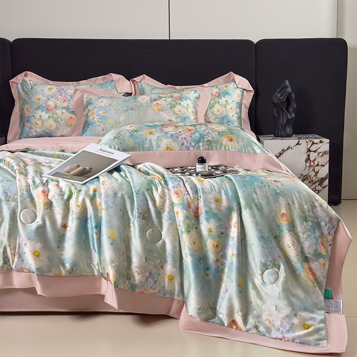 91家纺网 家纺一手货源 找家纺 赛丽雅 2026新款拼角轻奢冰丝凉感夏被四件套 雅婷