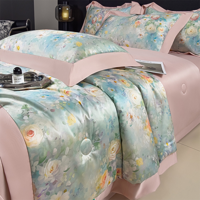 91家纺网 家纺一手货源 找家纺 赛丽雅 2026新款拼角轻奢冰丝凉感夏被四件套 雅婷