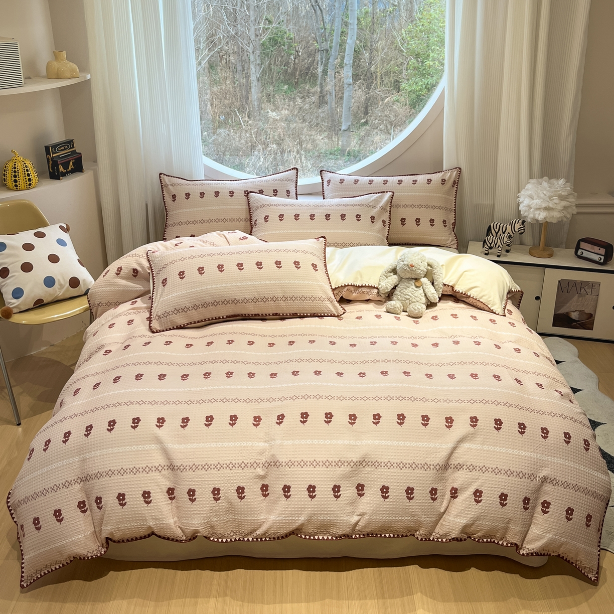 91家纺网 家纺一手货源 找家纺 如一 2026新款全棉华夫格三角针工艺四件套 花花-米