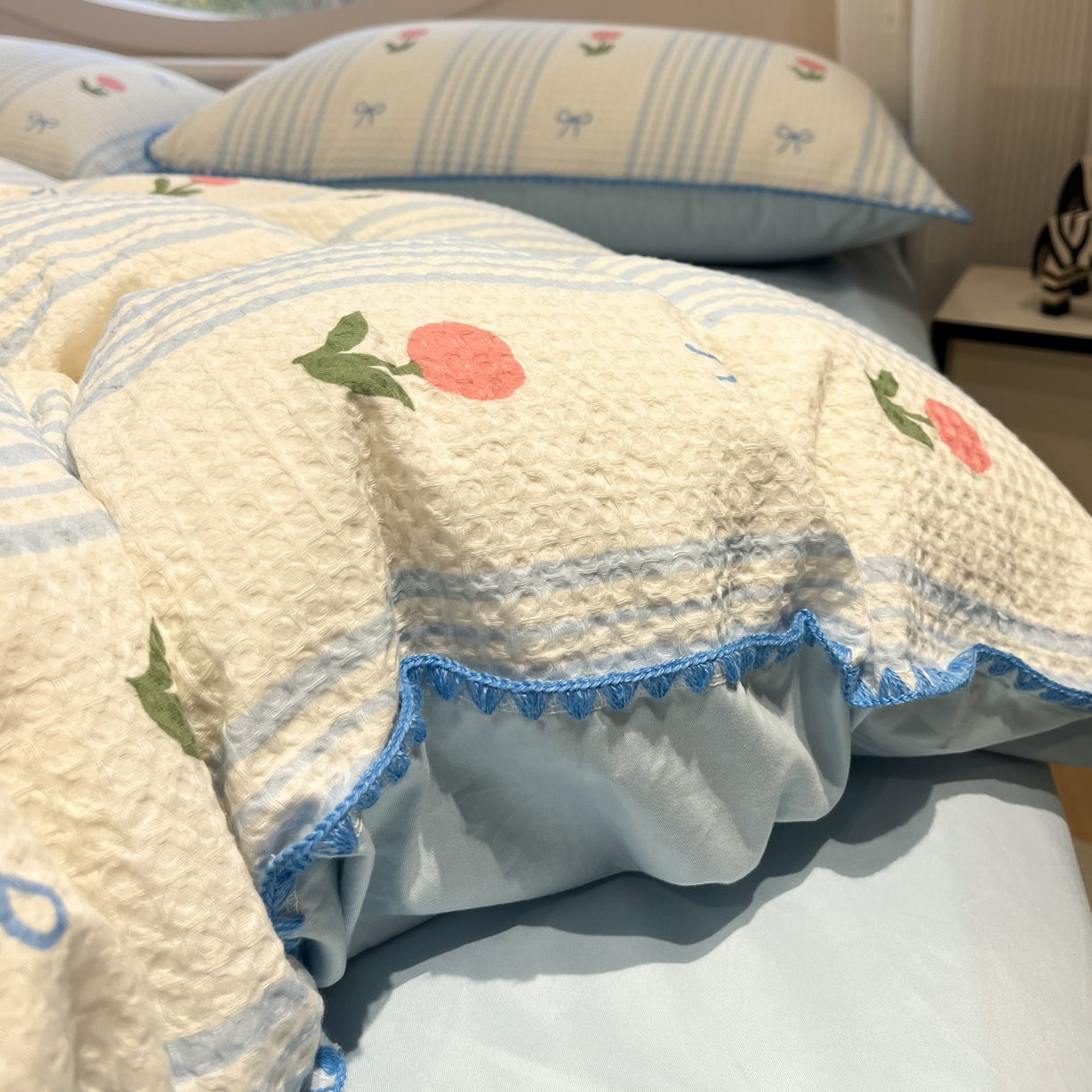 91家纺网 家纺一手货源 找家纺 如一 2026新款全棉华夫格三角针工艺四件套 夏朵-蓝