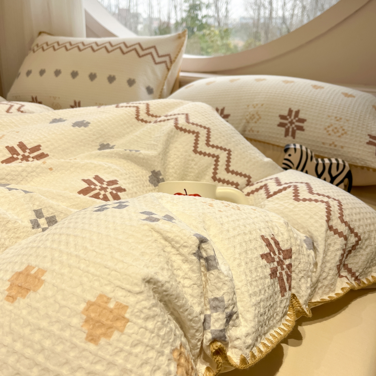 91家纺网 家纺一手货源 找家纺 如一 2026新款全棉华夫格三角针工艺四件套 星芒-米