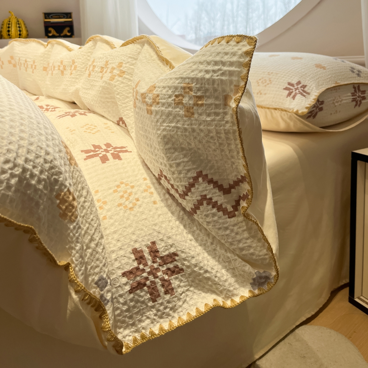 91家纺网 家纺一手货源 找家纺 如一 2026新款全棉华夫格三角针工艺四件套 星芒-米