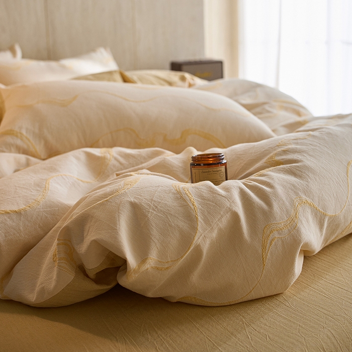 91家纺网 家纺一手货源 找家纺 安莱生活 2026新款全棉纯棉色织提花水洗棉四件套 漫织—冰川橘