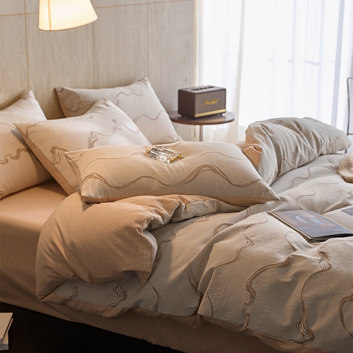 91家纺网 家纺一手货源 找家纺 安莱生活 2026新款全棉纯棉色织提花水洗棉四件套 漫织—拿铁棕