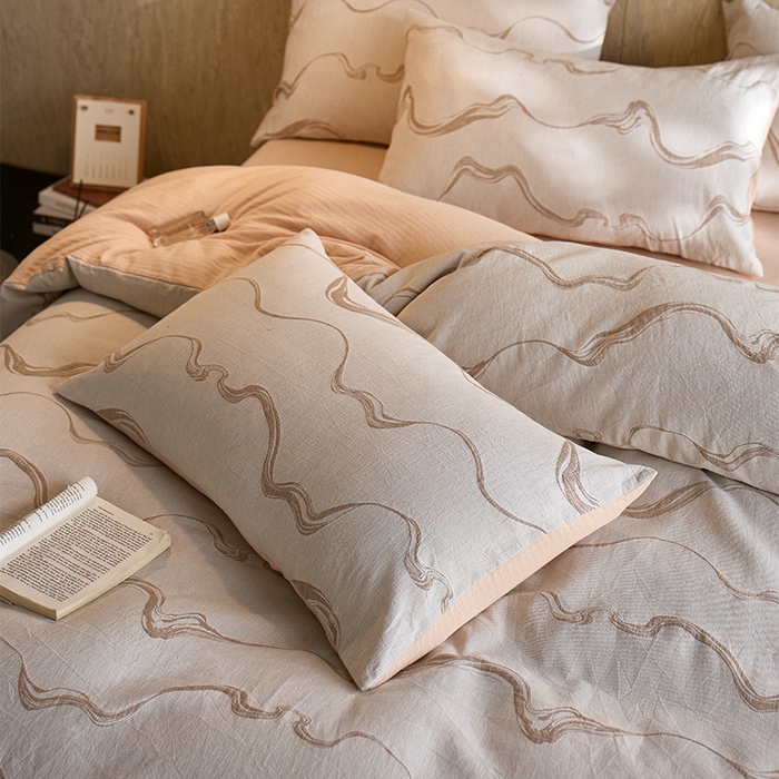 91家纺网 家纺一手货源 找家纺 安莱生活 2026新款全棉纯棉色织提花水洗棉四件套 漫织—拿铁棕