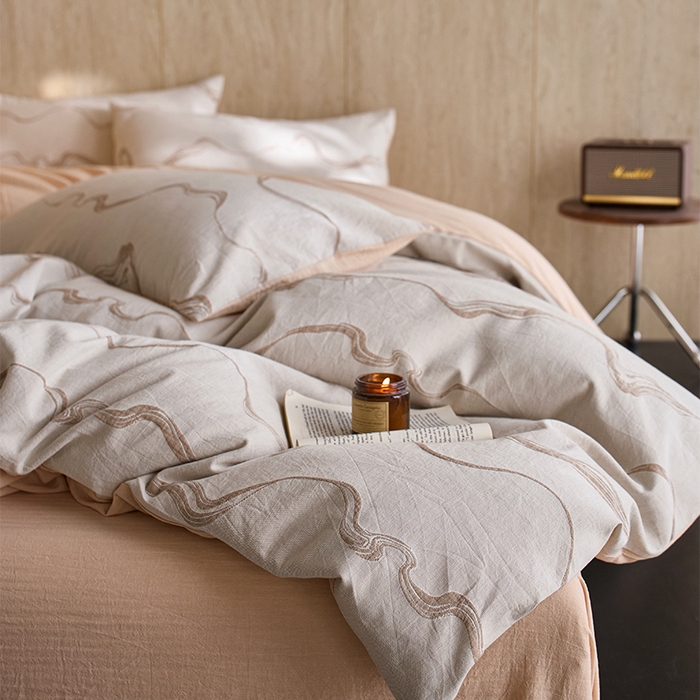 91家纺网 家纺一手货源 找家纺 安莱生活 2026新款全棉纯棉色织提花水洗棉四件套 漫织—拿铁棕