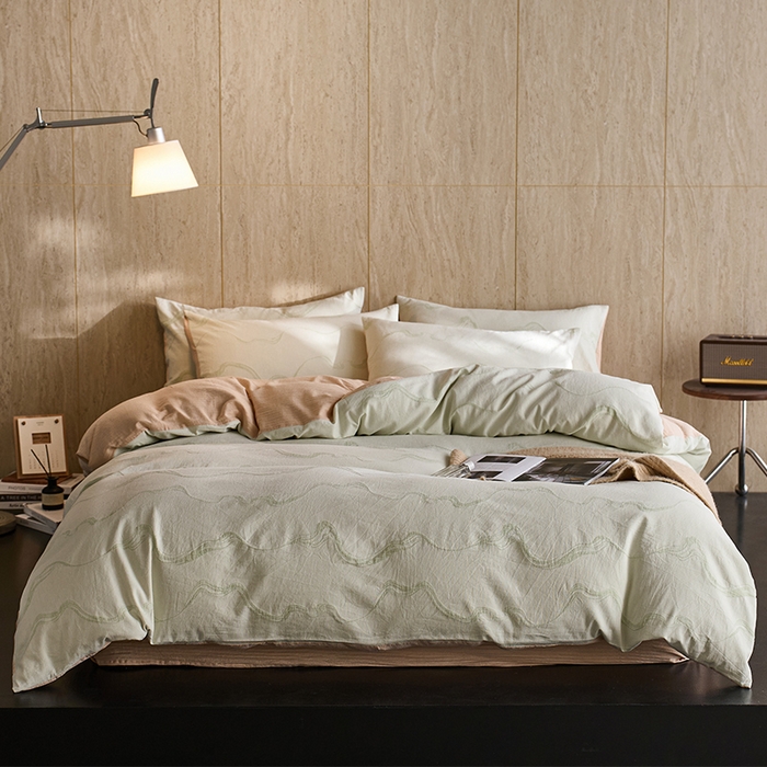 91家纺网 家纺一手货源 找家纺 安莱生活 2026新款全棉纯棉色织提花水洗棉四件套 漫织—治愈绿