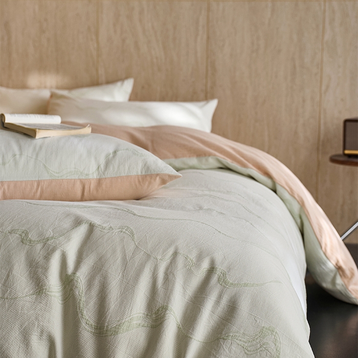 91家纺网 家纺一手货源 找家纺 安莱生活 2026新款全棉纯棉色织提花水洗棉四件套 漫织—治愈绿