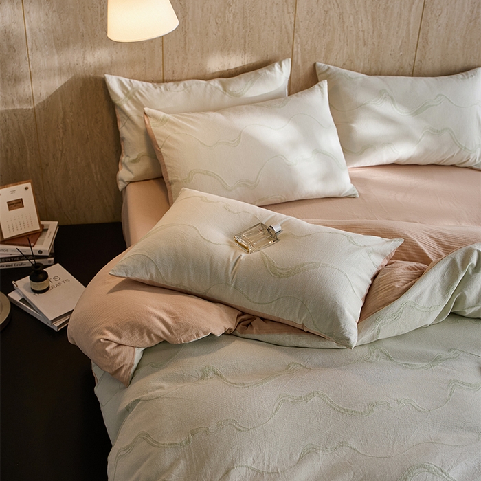 91家纺网 家纺一手货源 找家纺 安莱生活 2026新款全棉纯棉色织提花水洗棉四件套 漫织—治愈绿