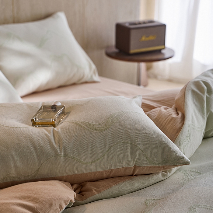 91家纺网 家纺一手货源 找家纺 安莱生活 2026新款全棉纯棉色织提花水洗棉四件套 漫织—治愈绿