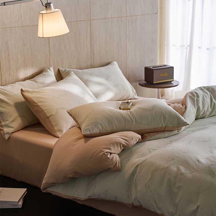 91家纺网 家纺一手货源 找家纺 安莱生活 2026新款全棉纯棉色织提花水洗棉四件套 漫织—治愈绿