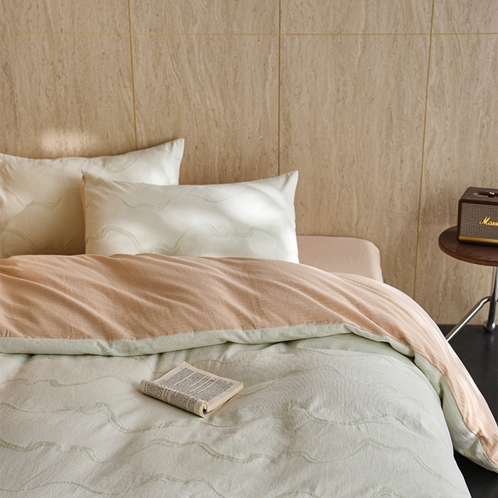 91家纺网 家纺一手货源 找家纺 安莱生活 2026新款全棉纯棉色织提花水洗棉四件套 漫织—治愈绿