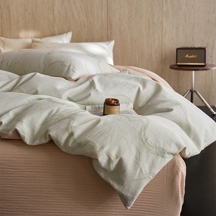 91家纺网 家纺一手货源 找家纺 安莱生活 2026新款全棉纯棉色织提花水洗棉四件套 漫织—治愈绿