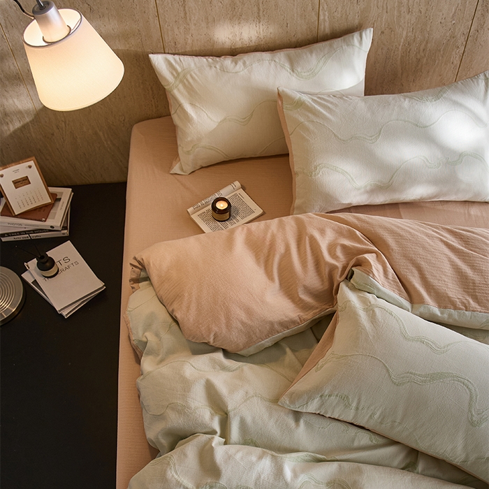 91家纺网 家纺一手货源 找家纺 安莱生活 2026新款全棉纯棉色织提花水洗棉四件套 漫织—治愈绿