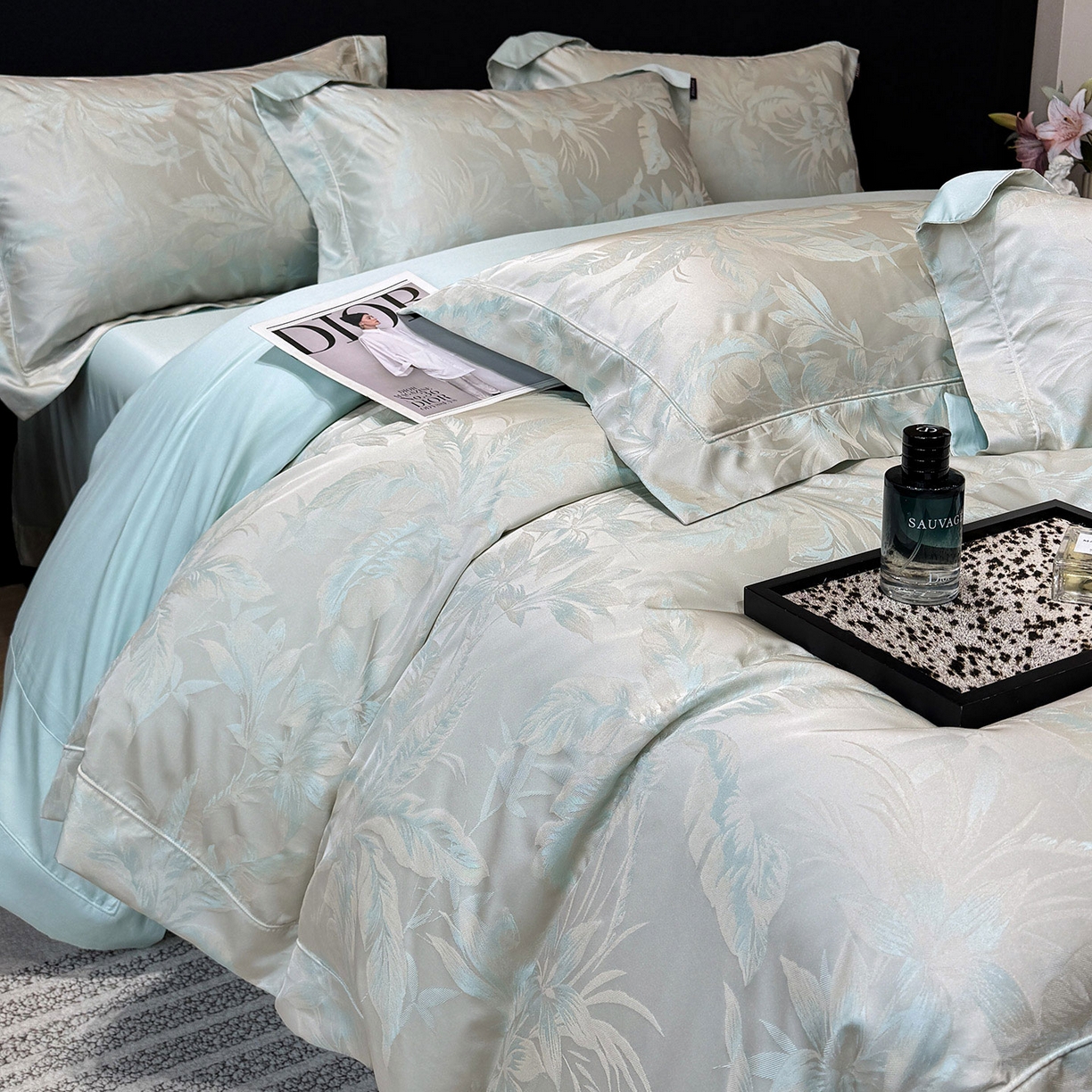 91家纺网 家纺一手货源 找家纺 爱妮菲家纺 2026高端新品A类长绒棉纯棉四件套100全棉贡缎提花被套床单床笠轻奢风索依 索依-绯绿