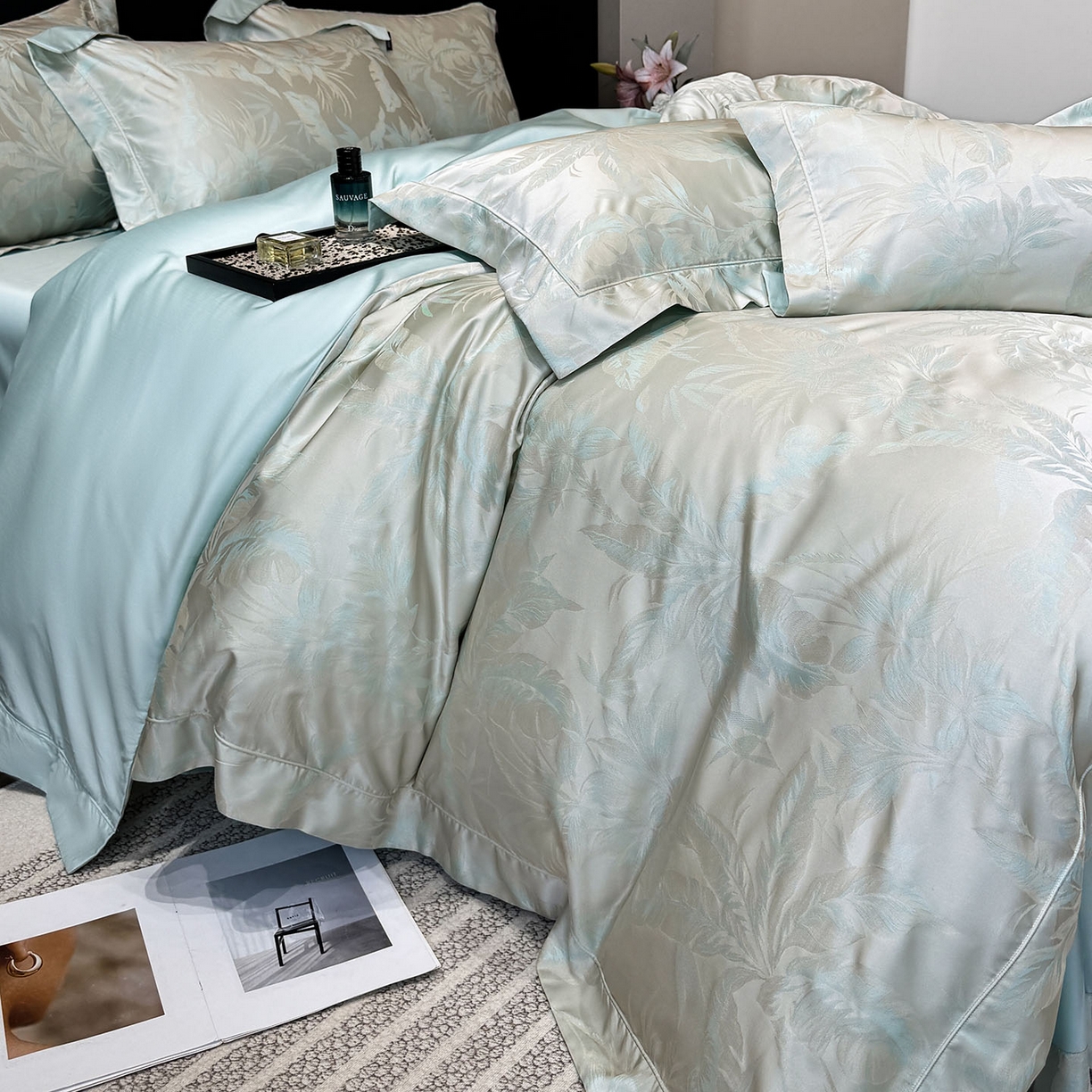 91家纺网 家纺一手货源 找家纺 爱妮菲家纺 2026高端新品A类长绒棉纯棉四件套100全棉贡缎提花被套床单床笠轻奢风索依 索依-绯绿