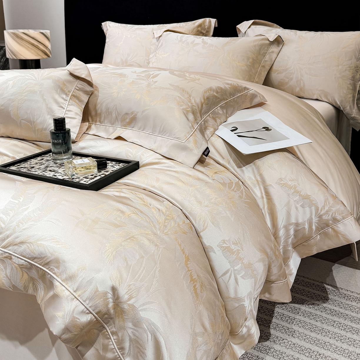 爱妮菲家纺 2026高端新品A类长绒棉纯棉四件套100全棉贡缎提花被套床单床笠轻奢风索依 索依-湘金