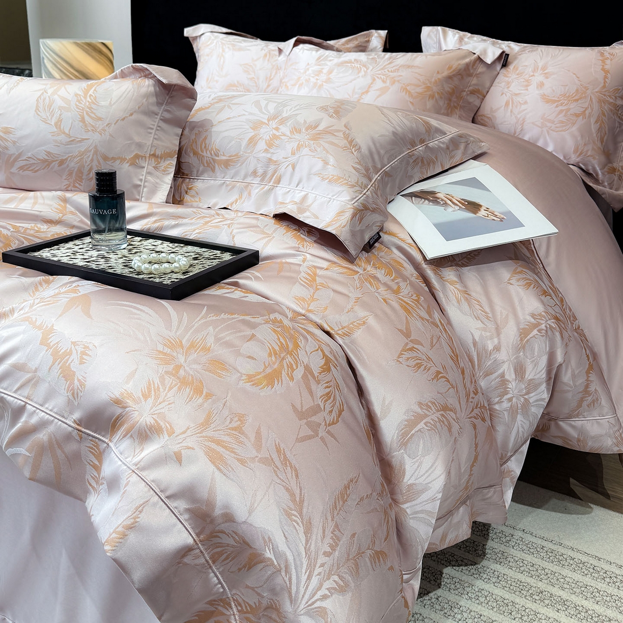 91家纺网 家纺一手货源 找家纺 乔利卡沃 2026高端新品A类长绒棉纯棉四件套100全棉贡缎提花被套床单床笠轻奢风索依 索依-芸粉