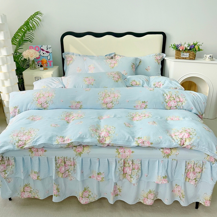 91家纺网 家纺一手货源 找家纺 （总）九诺家纺 2026春夏新款丝柔棉皱皱纱床裙四件套双花边工艺床裙