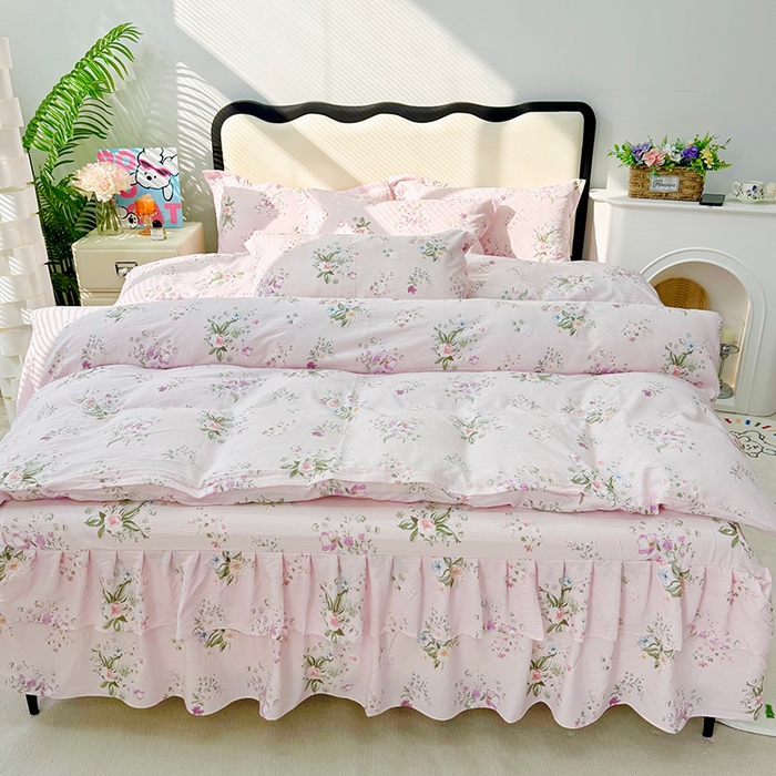 91家纺网 家纺一手货源 找家纺 （总）九诺家纺 2026春夏新款丝柔棉皱皱纱床裙四件套双花边工艺床裙