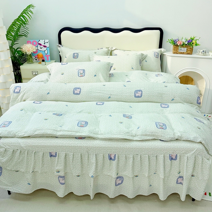 91家纺网 家纺一手货源 找家纺 （总）九诺家纺 2026春夏新款丝柔棉皱皱纱床裙四件套双花边工艺床裙