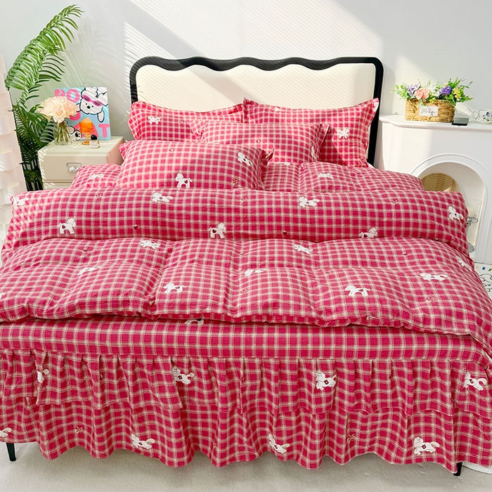 91家纺网 家纺一手货源 找家纺 （总）九诺家纺 2026春夏新款丝柔棉皱皱纱床裙四件套双花边工艺床裙