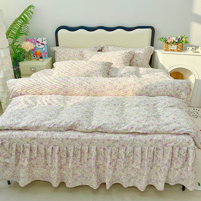 91家纺网 家纺一手货源 找家纺 （总）九诺家纺 2026春夏新款丝柔棉皱皱纱床裙四件套双花边工艺床裙