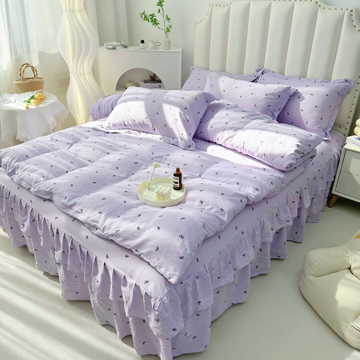 91家纺网 家纺一手货源 找家纺 （总）九诺家纺 2026春夏新款丝柔棉皱皱纱床裙四件套双花边工艺床裙