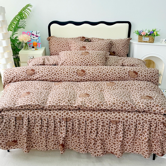 九诺家纺 2026春夏新款丝柔棉皱皱纱床裙四件套双花边工艺床裙 安妮-豹纹KT