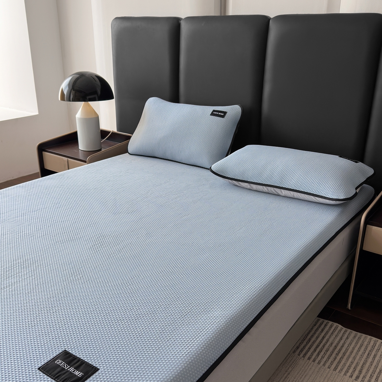 91家纺网 家纺一手货源 找家纺 禧禾 2026春夏新款PE泡小豆提花华夫格凉席席子-简约生活 简约生活-水蓝