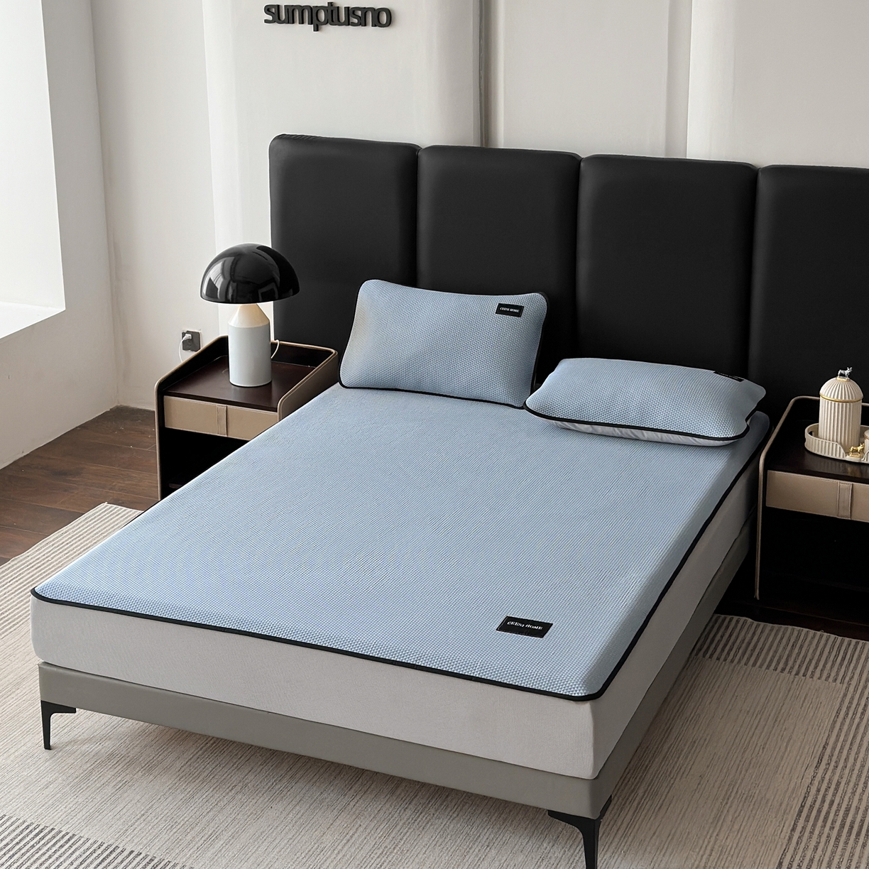 91家纺网 家纺一手货源 找家纺 禧禾 2026春夏新款PE泡小豆提花华夫格凉席席子-简约生活 简约生活-水蓝