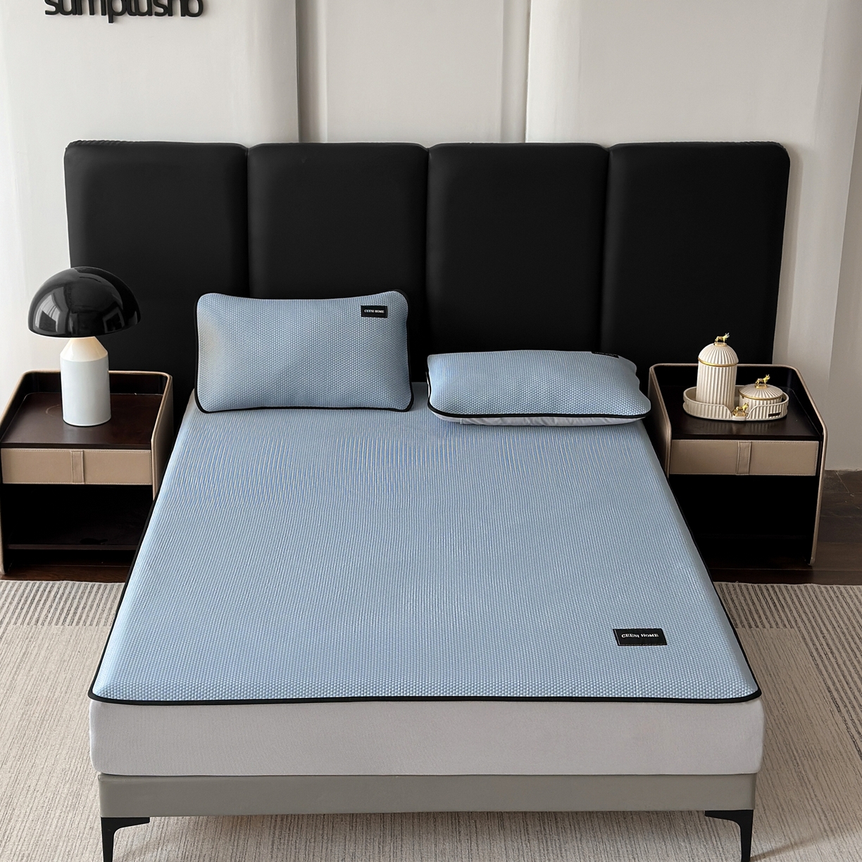 91家纺网 家纺一手货源 找家纺 禧禾 2026春夏新款PE泡小豆提花华夫格凉席席子-简约生活 简约生活-水蓝