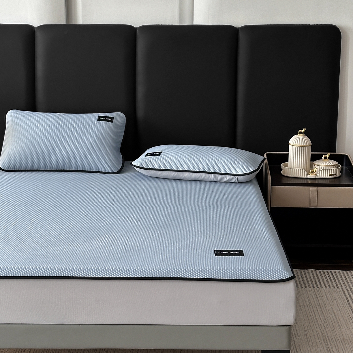 91家纺网 家纺一手货源 找家纺 禧禾 2026春夏新款PE泡小豆提花华夫格凉席席子-简约生活 简约生活-水蓝