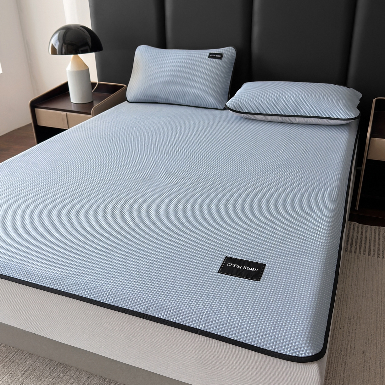 91家纺网 家纺一手货源 找家纺 禧禾 2026春夏新款PE泡小豆提花华夫格凉席席子-简约生活 简约生活-水蓝