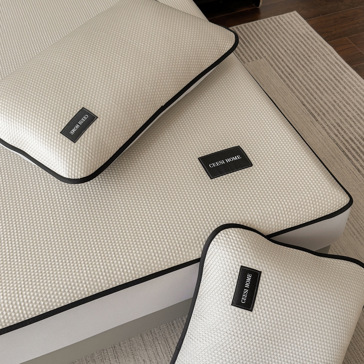 91家纺网 家纺一手货源 找家纺 禧禾 2026春夏新款PE泡小豆提花华夫格凉席席子-简约生活 简约生活-香槟