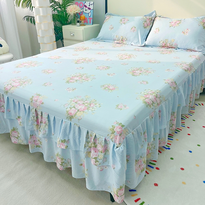 91家纺网 家纺一手货源 找家纺 九诺家纺 2026春夏新款丝柔棉皱皱纱床裙四件套双花边工艺床裙 安妮-花语时光