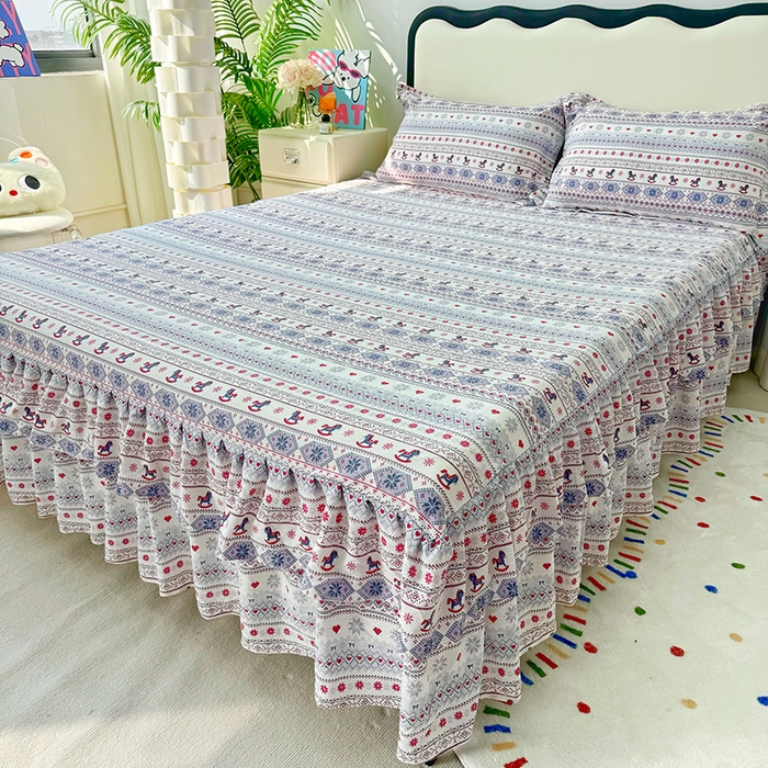 91家纺网 家纺一手货源 找家纺 九诺家纺 2026春夏新款丝柔棉皱皱纱床裙四件套双花边工艺床裙 安妮-马上有福