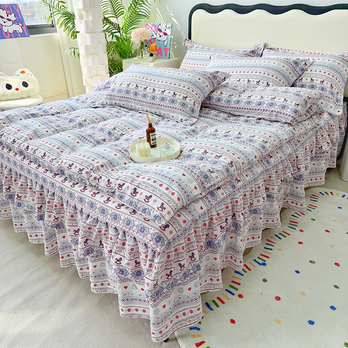 91家纺网 家纺一手货源 找家纺 九诺家纺 2026春夏新款丝柔棉皱皱纱床裙四件套双花边工艺床裙 安妮-马上有福